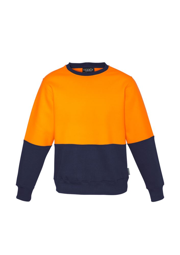 Unisex Hi-Vis Crew Sweatshirt in orange and navy with fleece lining, ribbed cuffs, perfect for visibility and comfort on job sites.