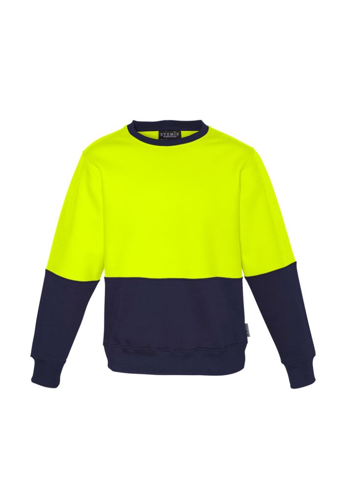 Unisex Hi-Vis Crew Sweatshirt in orange and navy with fleece lining, ideal for cold work environments and enhanced visibility.