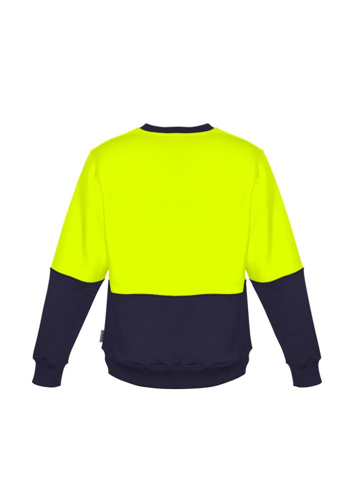 Unisex Hi-Vis Crew Sweatshirt in yellow and navy, featuring fleece lining, ribbed cuffs, and ideal for outdoor safety.
