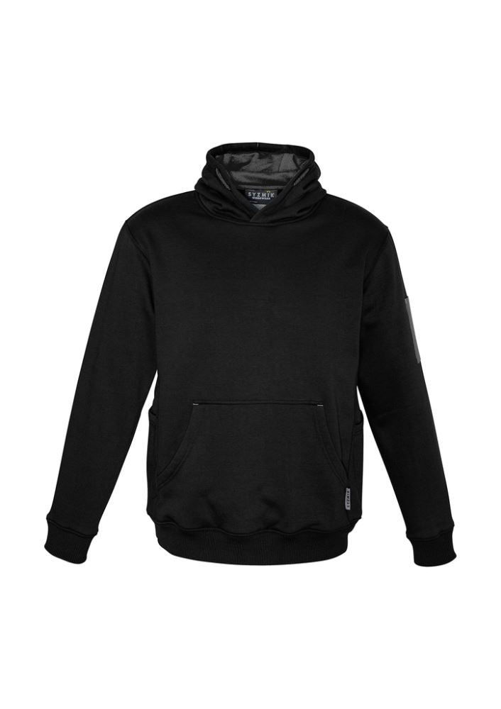 Unisex multi-pocket hoodie in black charcoal with safety drawstring, fleece lining, and reinforced key stress points.