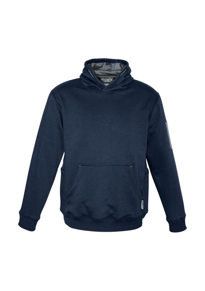 Unisex XL Syzmik multi-pocket hoodie in black charcoal, featuring fleece lining, safety drawstring, and versatile storage options.