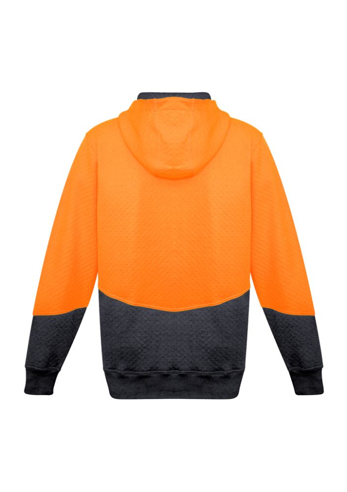 Unisex Hi-Vis textured jacquard hoodie in orange and charcoal, featuring zippered pockets and a snug fit for safety and style.