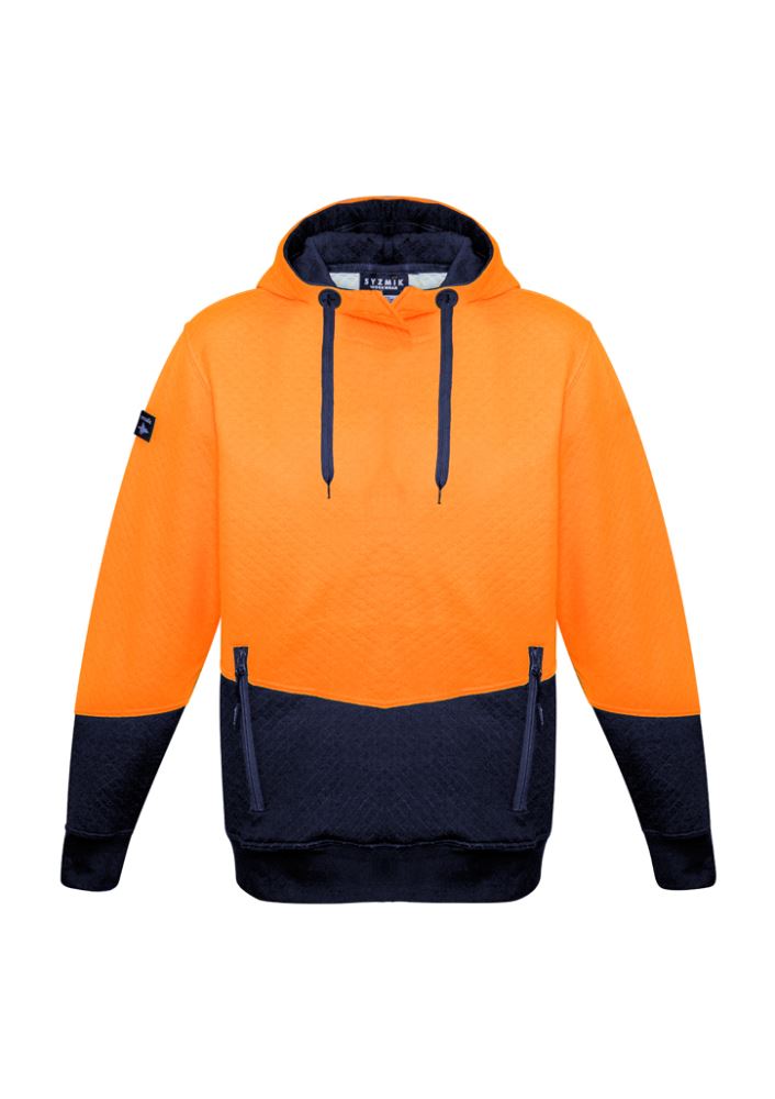 Unisex hi-vis orange and navy jacquard hoodie featuring reflective elements, textured fabric, and zippered pockets for safety and style.