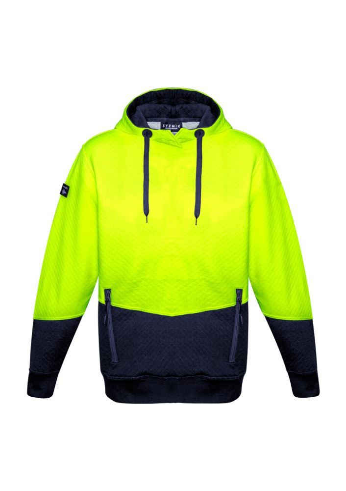Unisex Hi-Vis Textured Jacquard Hoodie in Yellow/Navy, featuring durable fabric, zip pockets, and ribbed cuffs for comfort.