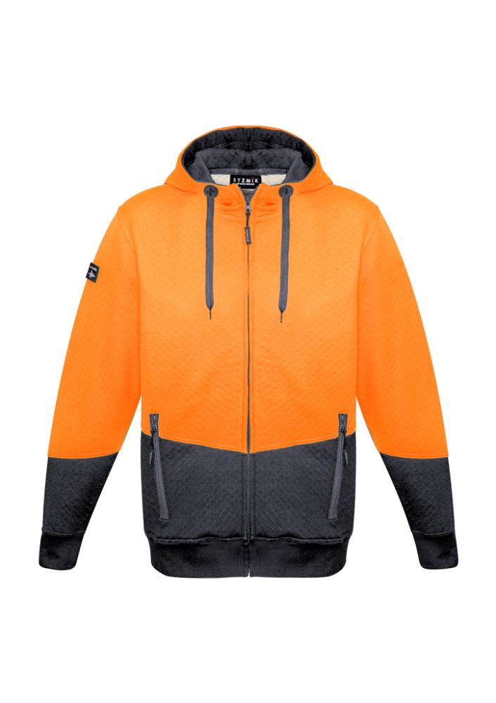 Unisex orange and charcoal hoodie with textured fabric, full zip, and zippered pockets for style and practicality.