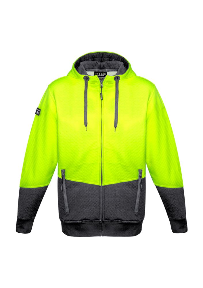 Unisex yellow and charcoal Hi-Vis textured jacquard hoodie with zip, pockets, and ribbed cuffs for comfort and visibility.