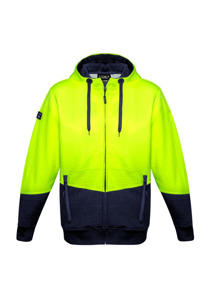 Hi-vis yellow and navy full zip hoodie with textured fabric, zipper pockets, and chunky drawstrings for style and comfort.