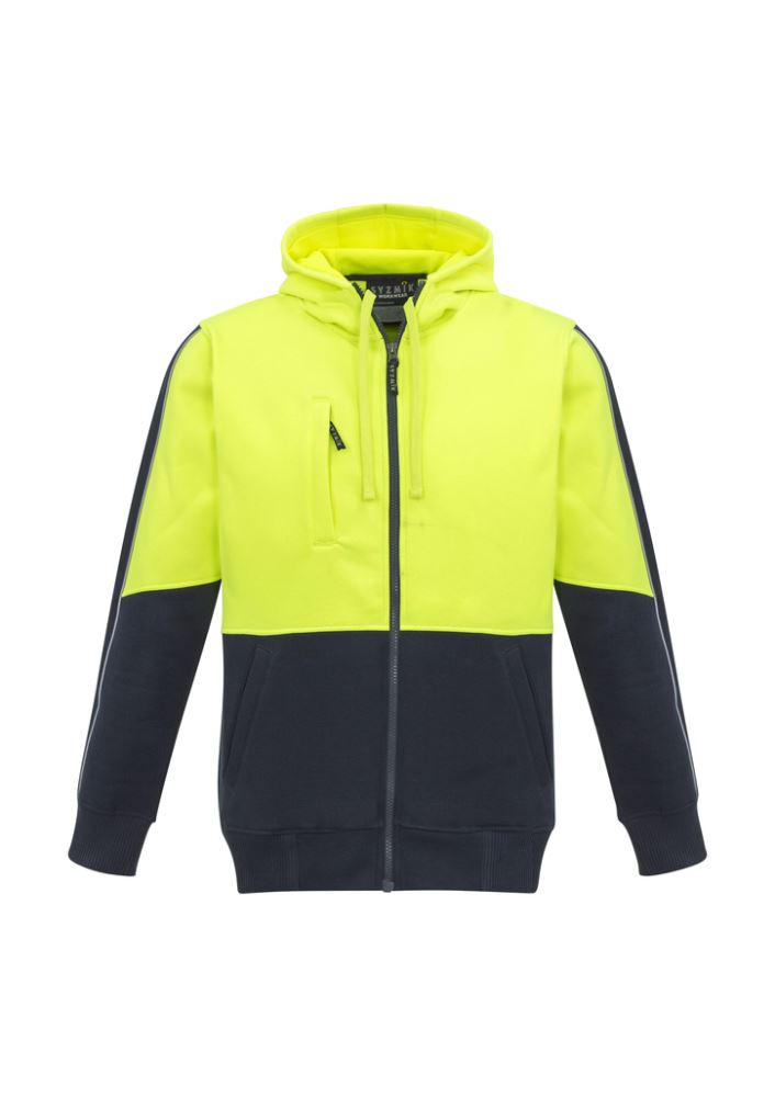 Unisex Hi-Vis Full Zip Hoodie in yellow and navy with reflective piping, mobile pocket, and cozy brushed fleece for safety and comfort.