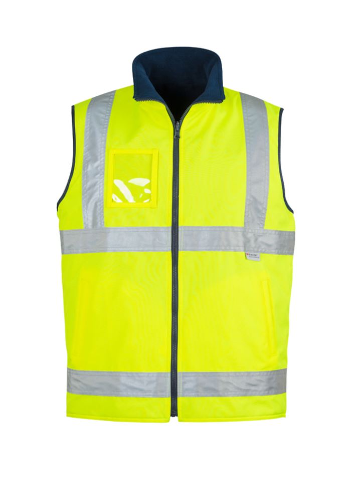 Hi-Vis yellow fleece-lined vest for men, reversible, with reflective tape, ID pocket, and weather-resistant design.