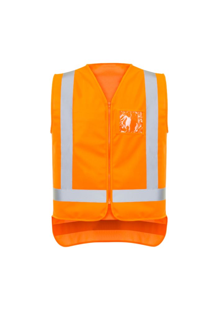 High-visibility orange zip vest for men, featuring durable polyester, clear ID pocket, and compliance with TTMC-W standards.