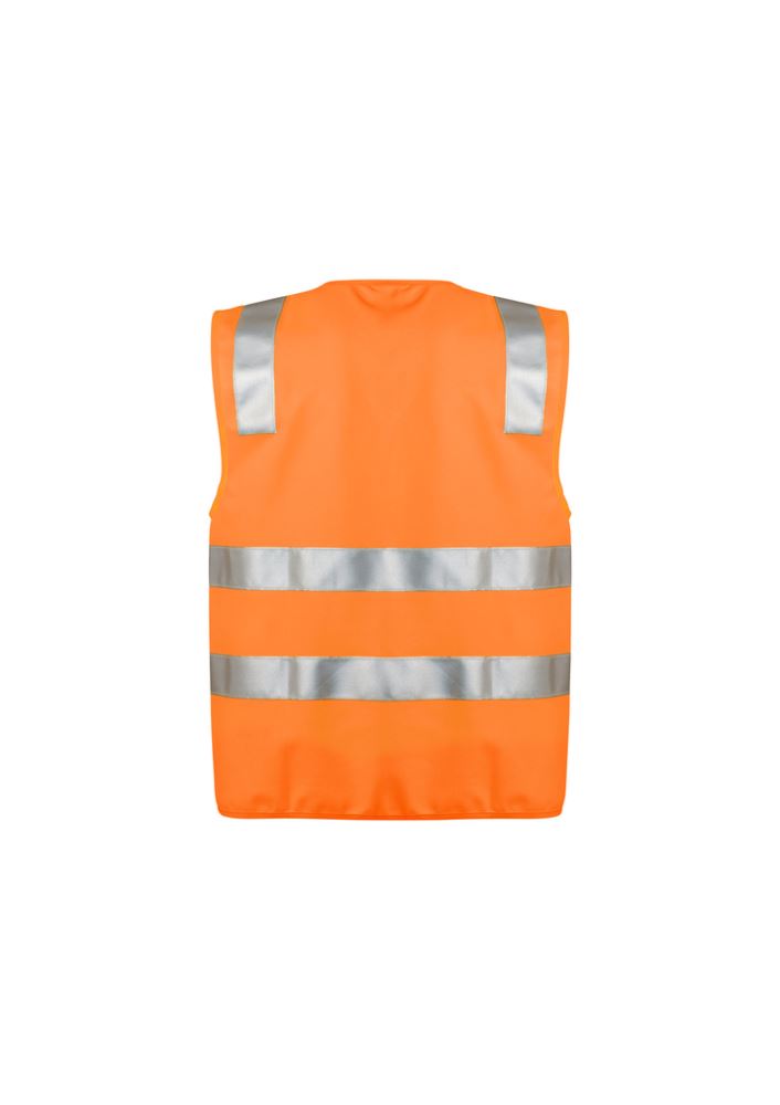 High-visibility orange unisex full zip vest with reflective tape, ID pocket, and durable polyester construction for safety.