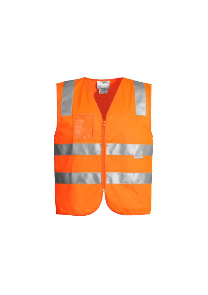 Bright orange unisex Hi-Vis full zip vest with reflective tape, ID chest pocket, and lightweight design for safety and comfort.