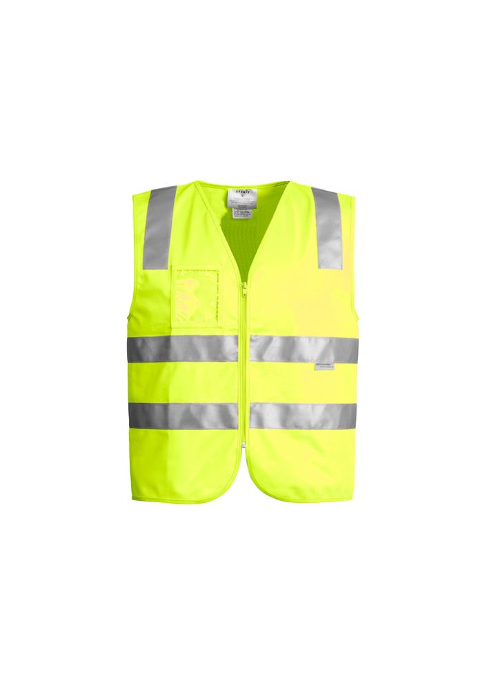 Vibrant yellow unisex hi-vis full zip vest featuring reflective tape and ID pocket, perfect for safety in low-light conditions.