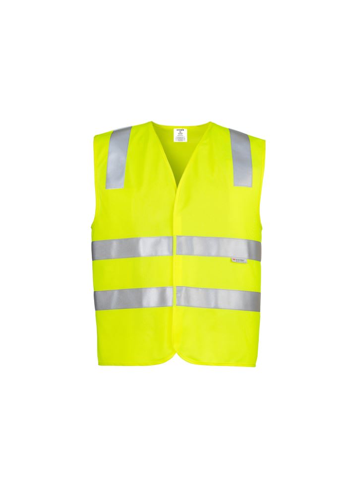 Unisex Hi-Vis Basic Vest in yellow, made from durable polyester, features reflective tape for safety and quick-release fastening.