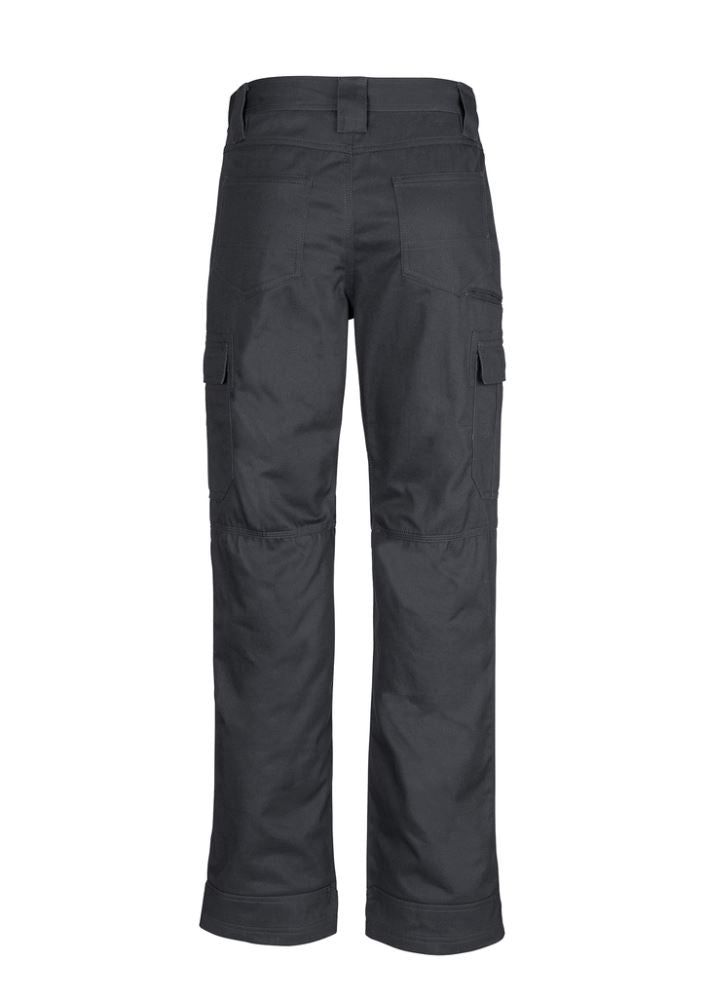 Men's midweight charcoal cargo pants featuring multiple pockets, reinforced knees, and durable cotton twill fabric for tough tasks.