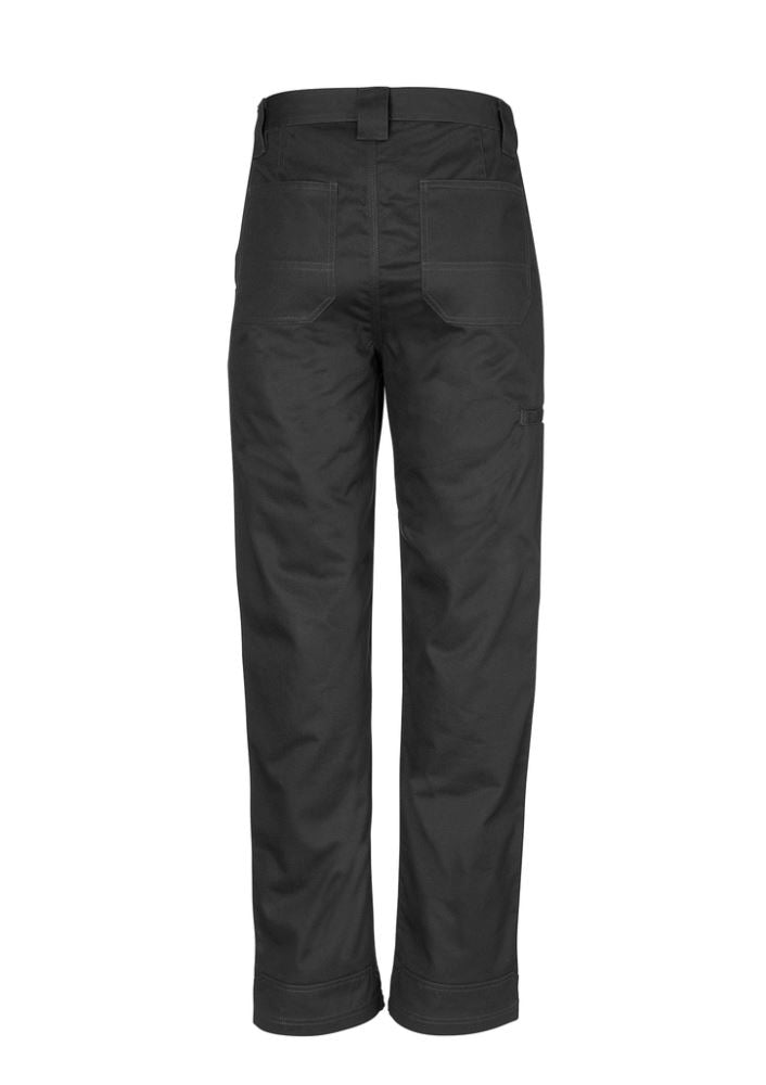 Men's plain utility pant in black, made from durable cotton twill, featuring reinforced patches and wide belt loops for comfort.
