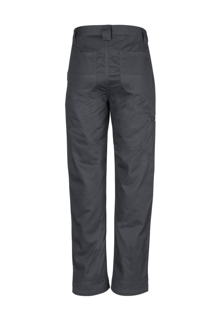 Men's charcoal utility pants with reinforced heel, triple-stitched seams, and side pocket for durability and comfort.