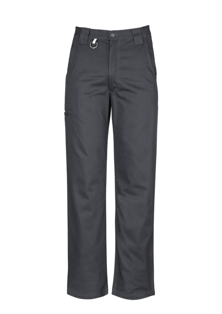Men's charcoal utility pants with reinforced patches, breathable 100% cotton twill, designed for durability and comfort.