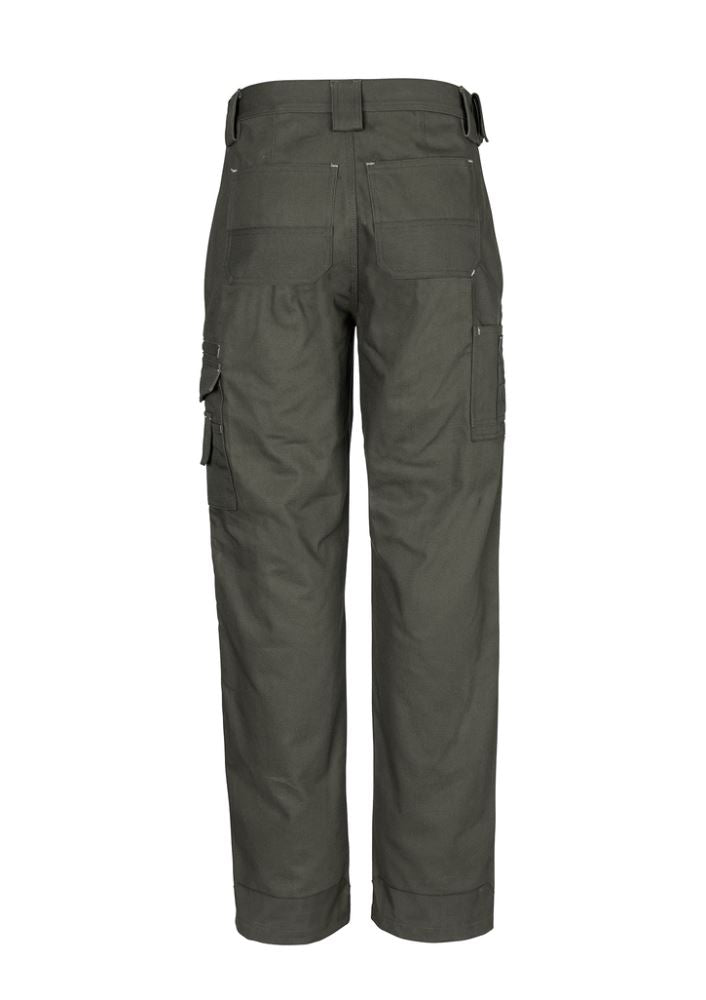 Men's olive work pants with Cordura reinforcements, 12 pockets, triple stitched seams, and durable 345 gsm fabric.