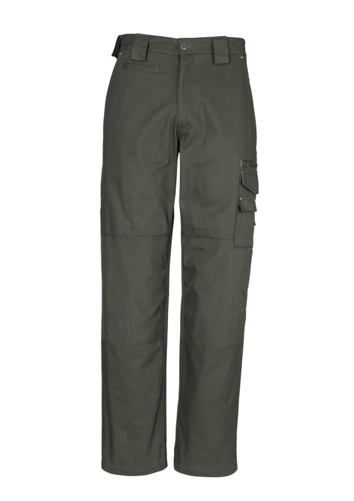Men's olive work pants made of durable 100% canvas cotton featuring Cordura® reinforcements and 12 multifunction pockets.