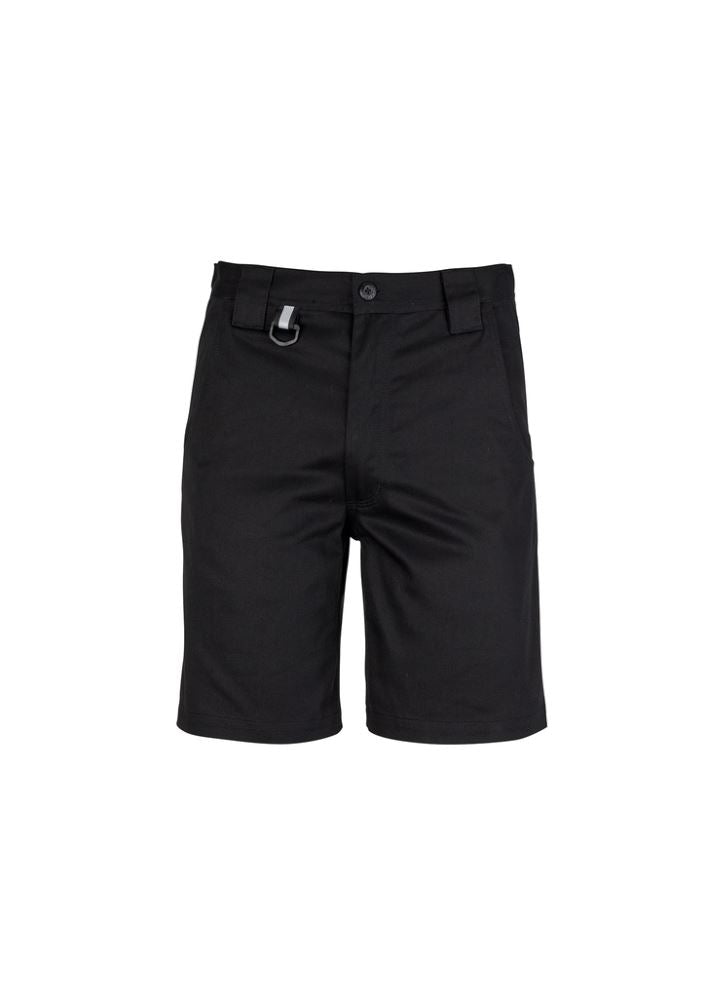 Men's black utility shorts with reinforced pockets, plastic 'D' ring, and durable cotton twill for work and casual wear.