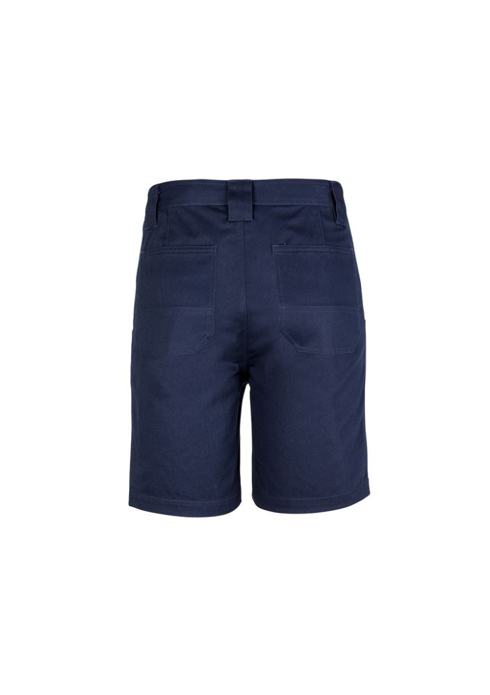 Navy utility shorts made from durable 100% cotton twill, featuring reinforced pockets and a plastic 'D' ring for essentials.