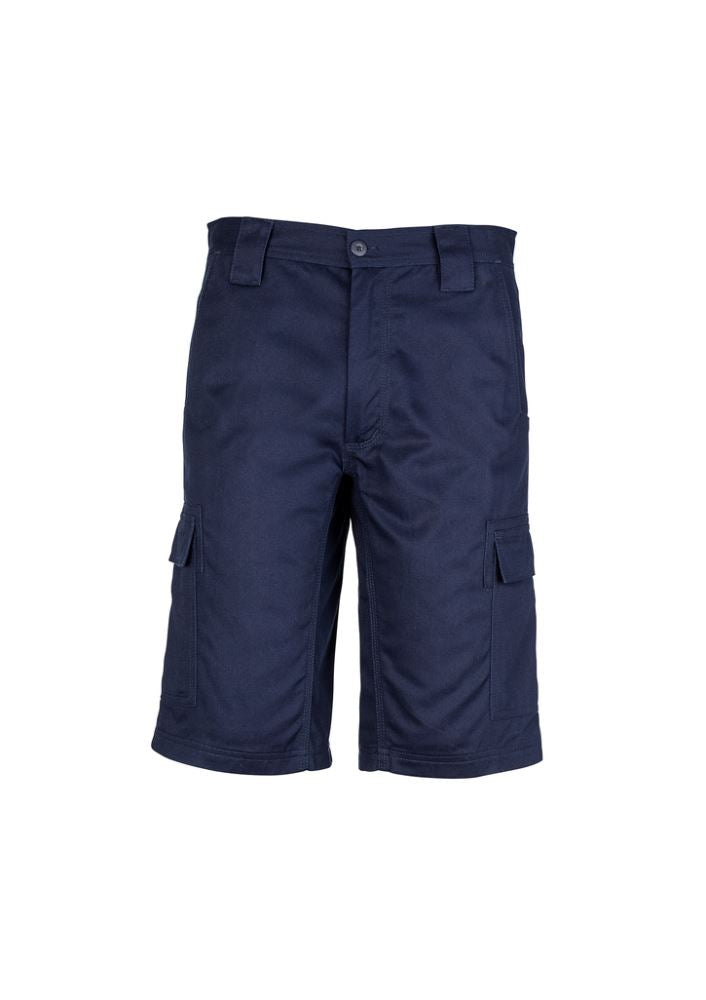 Men's navy drill cargo shorts featuring durable cotton twill, multiple pockets, and enhanced mobility for work and casual wear.