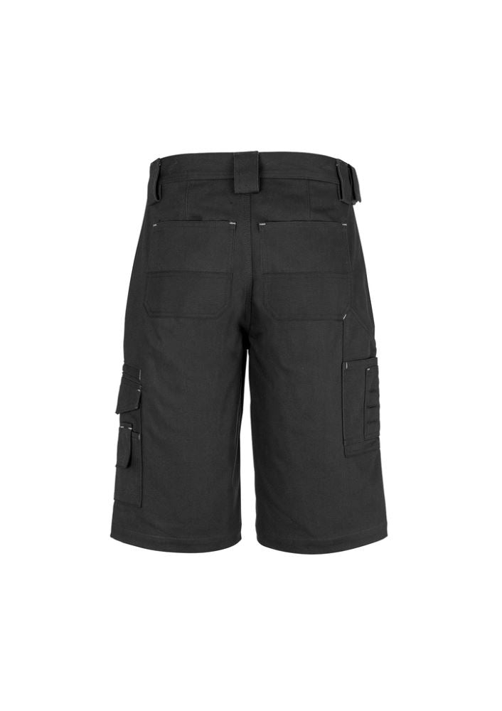 Durable black Cordura Duckweave shorts with 12 pockets, triple-stitched seams, and reinforced for heavy-duty workwear.