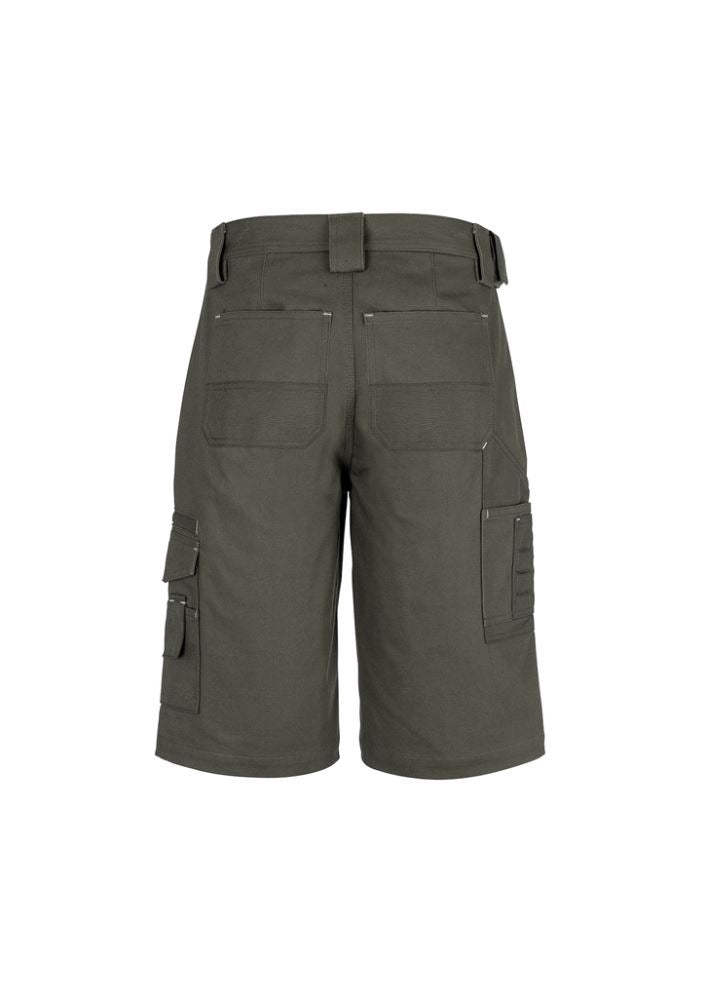 Olive green men's shorts made from durable canvas cotton with 12 pockets, designed for heavy-duty work and outdoor activities.