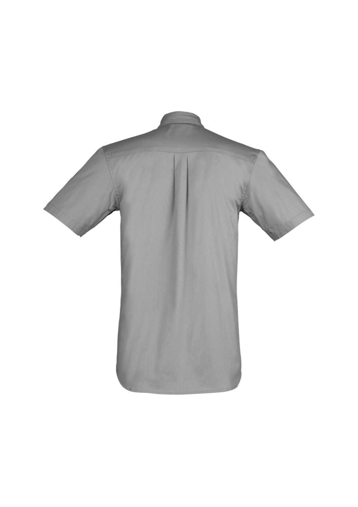 Lightweight grey cotton twill shirt with short sleeves, 3 chest pockets, underarm vents, and durable triple-stitched seams.