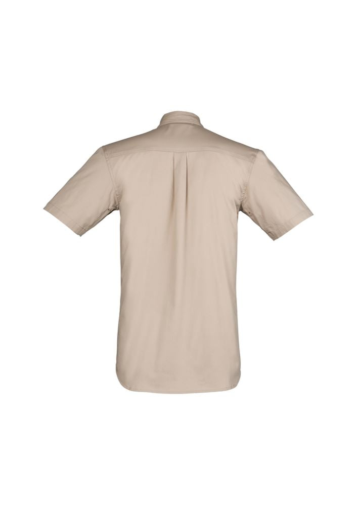 Men's 4XL lightweight tradie shirt in sand, featuring 100% cotton, breathable design, large pockets, and enhanced durability.