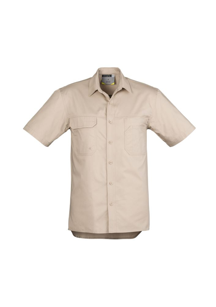 Lightweight black men's tradie shirt with triple-stitched seams, chest pockets, and underarm vents, available in 5XL.