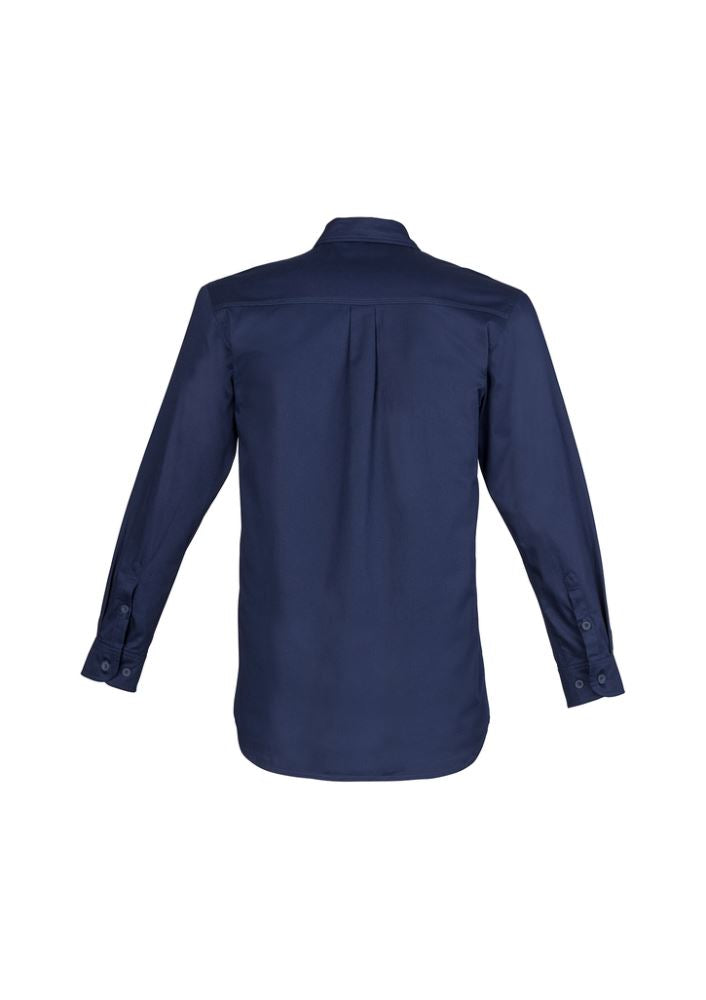 Men's long sleeve lightweight blue tradie shirt from Syzmik, featuring triple stitched seams, chest pockets, and underarm vent eyelets.