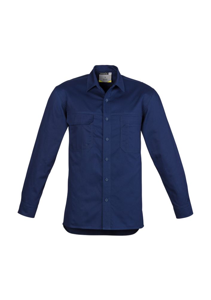 Men's Lightweight Tradie Shirt Long Sleeve in blue, made of breathable cotton twill, featuring triple stitching and multiple pockets.