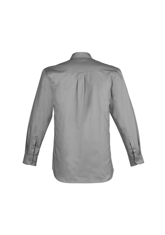 Mens Lightweight Tradie Shirt Long Sleeve in grey, made from 100% cotton twill, featuring multiple pockets and underarm ventilation.