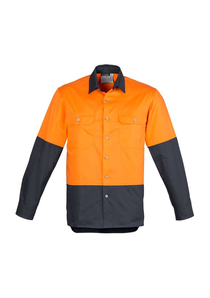 Men's Hi-Vis Spliced Industrial Shirt in orange and charcoal, 100% cotton, durable with mesh vents and triple-stitched seams.