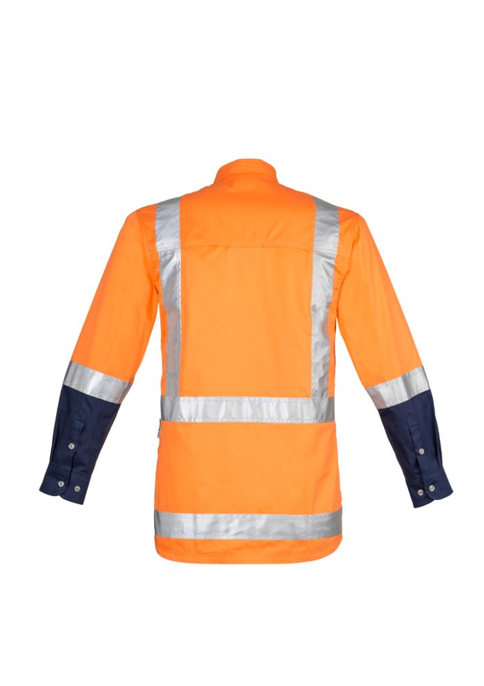 Men's orange drill work shirt in size 4XL, made from breathable cotton twill with reflective tape and vent inserts for comfort.