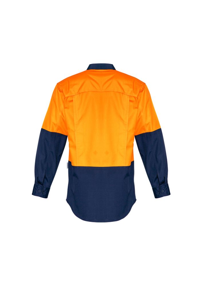 Men's Rugged Cooling Hi-Vis Spliced Shirt in orange and navy, featuring durable ripstop fabric, mesh venting, and chest pockets.