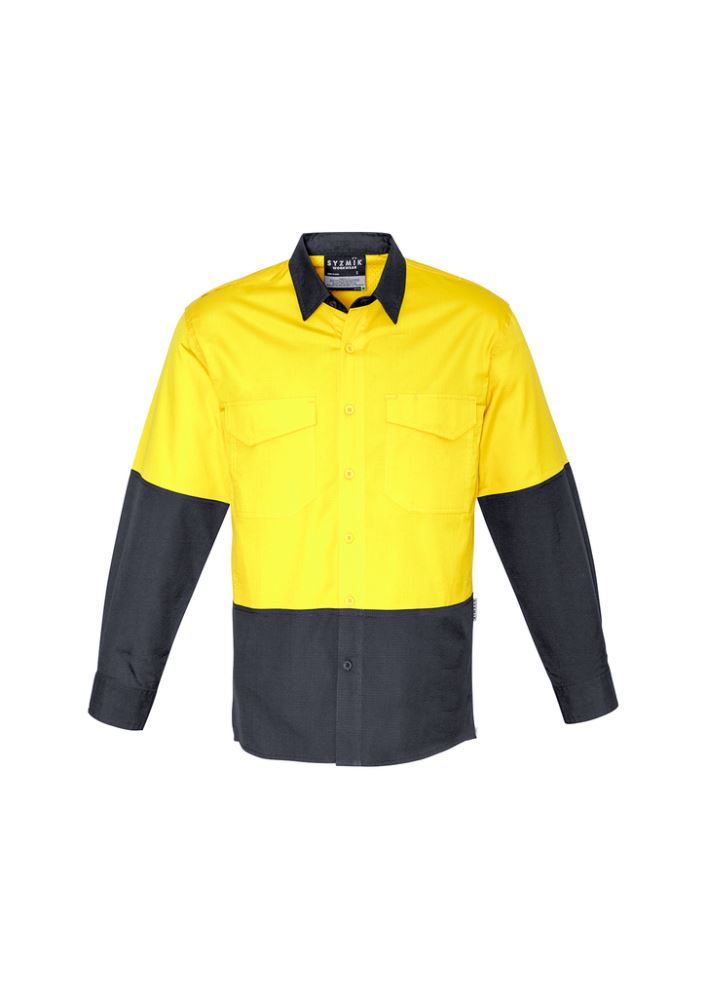 Rugged Hi-Vis spliced shirt in yellow and charcoal, with breathable mesh vents and reinforced pockets for workwear durability.