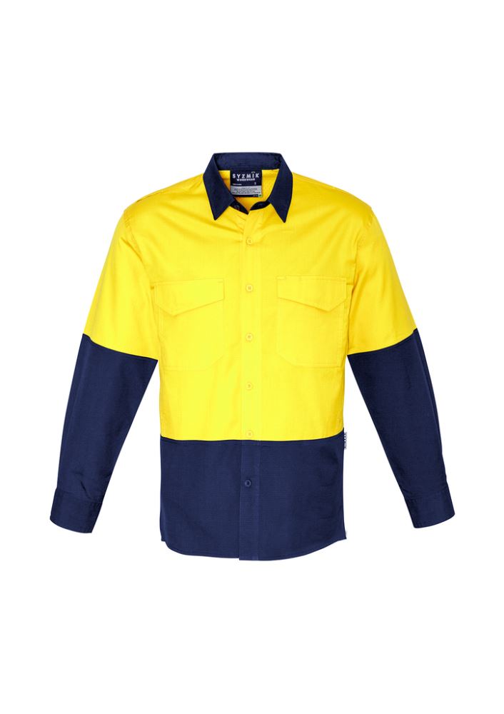 Men's Rugged Cooling Hi-Vis Spliced Shirt in Yellow/Navy, featuring breathable mesh, stretch fabric, and ample pockets for work.