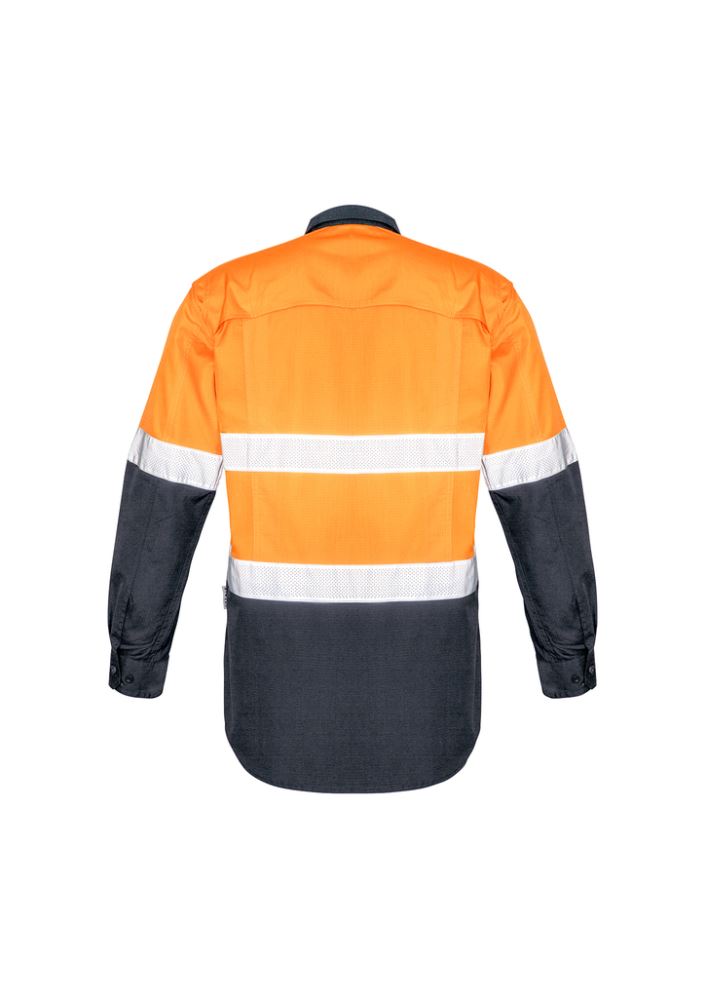 Men's Rugged Cooling Taped Hi-Vis Shirt in Orange and Charcoal, featuring breathable fabric, reflective tape, and dual chest pockets.