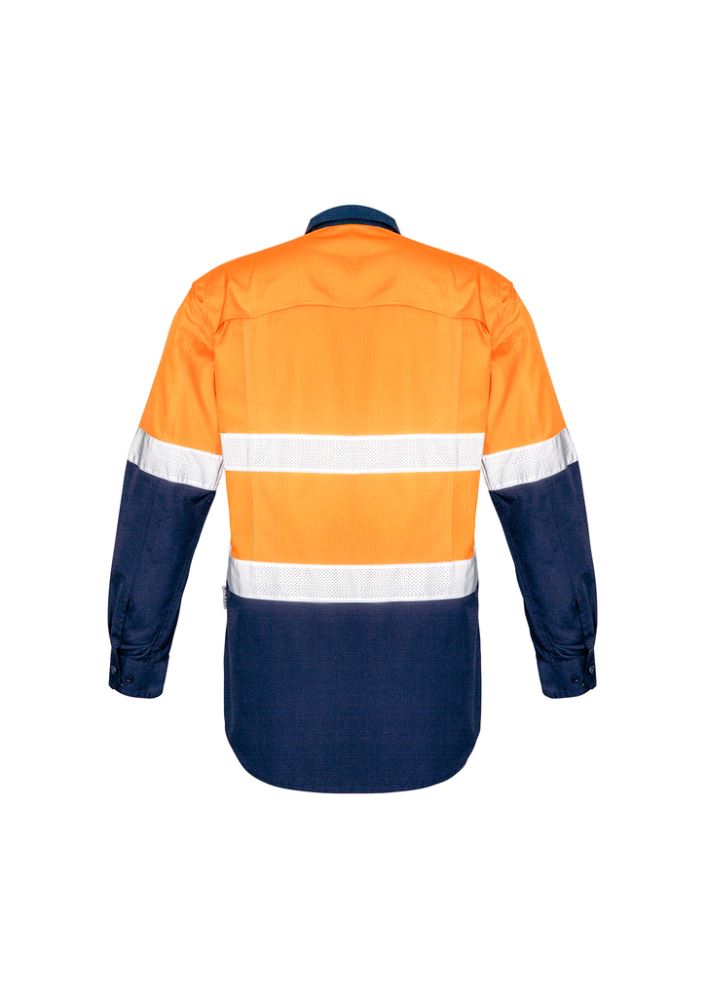 Men's Rugged Cooling Hi-Vis Spliced Shirt in orange and navy, featuring mesh venting, reflective tape, and durable cotton ripstop.