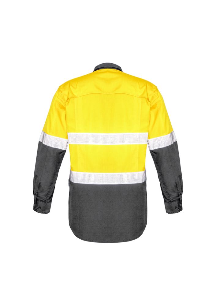 Men's hi-vis spliced shirt in yellow and charcoal, featuring breathable mesh venting, reflective tape, and two chest pockets.