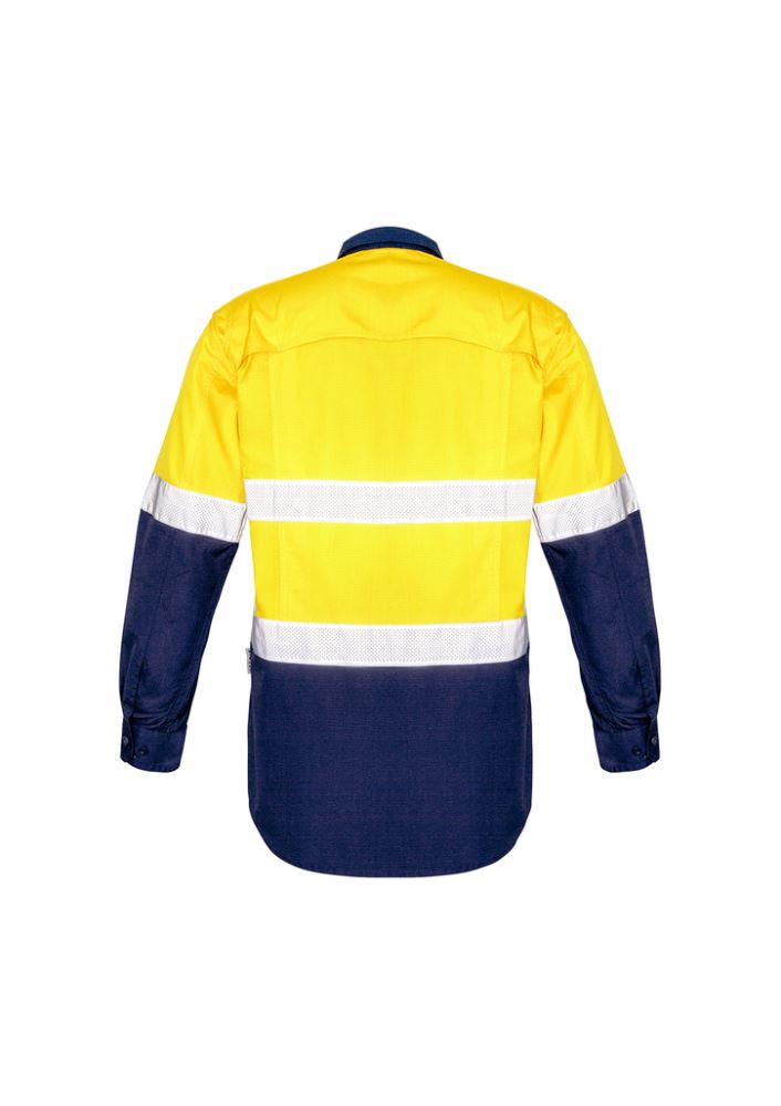 Men's Hi-Vis Spliced Shirt in Yellow/Navy, featuring breathable mesh, stretch fabric, and reinforced pockets for durability.