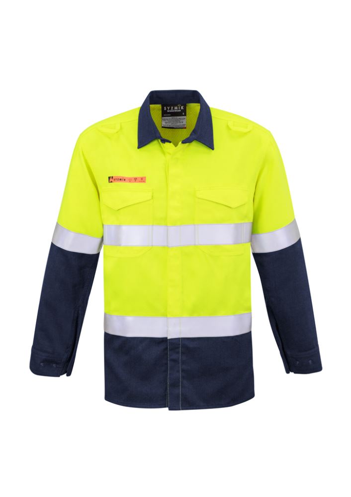Men's yellow and navy FR hooped taped spliced shirt by Syzmik, featuring breathable fabric, concealed closure, and multiple pockets.