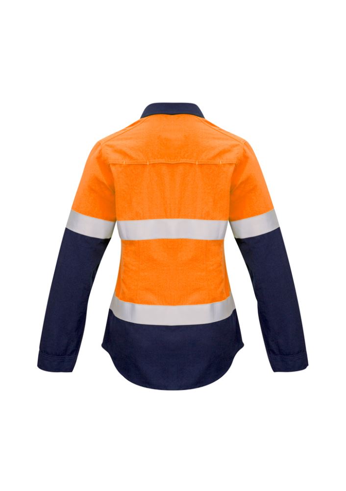 Women's FR Closed Front Hooped Shirt in Orange and Navy, featuring protective fabrics, pockets, and cooling mesh for work safety.