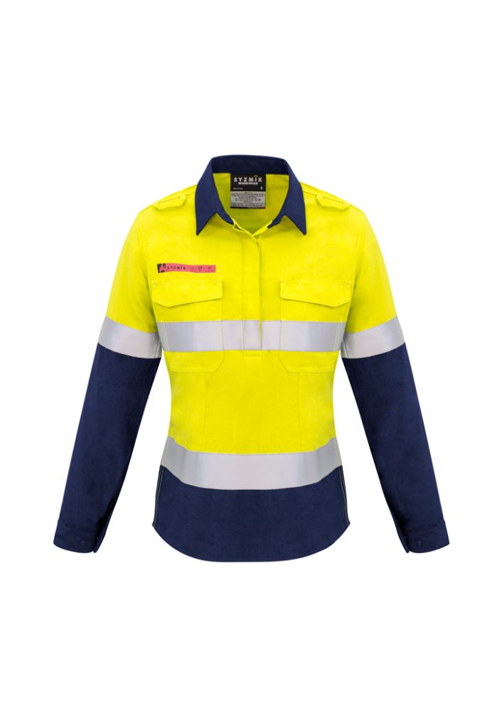 Women’s yellow and navy FR shirt with concealed closure, pocket, and breathable design for safety and style in workwear.