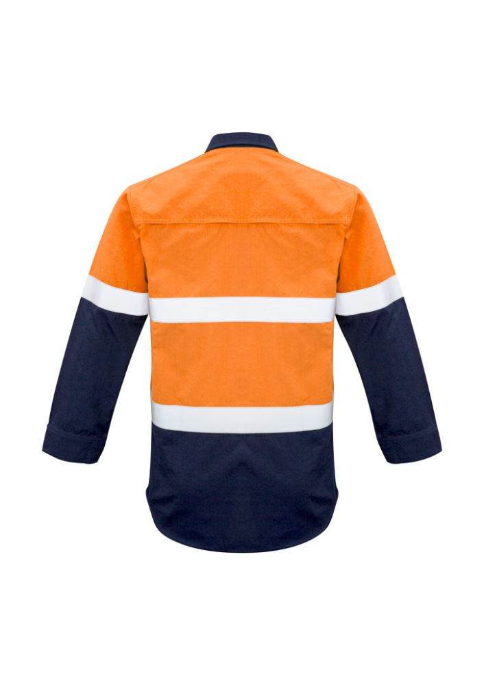 Men's FR Closed Front Hooped Taped Spliced Shirt in Orange and Navy, 7XL, featuring durable, lightweight FR materials and safety design.