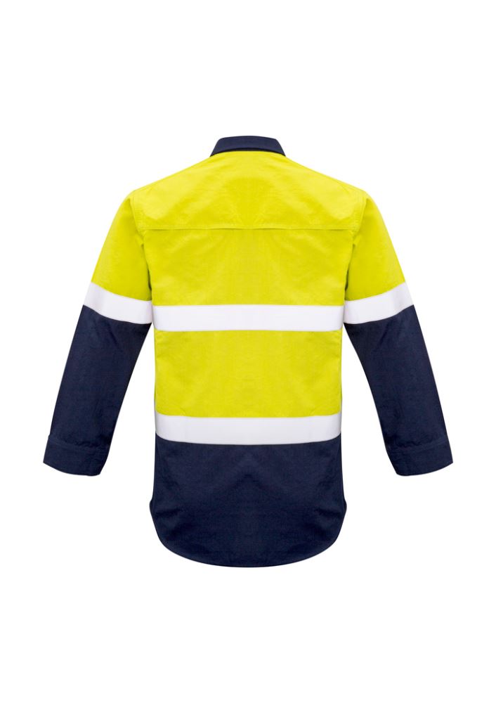 Men's Syzmik FR Closed Front Shirt in Yellow/Navy, features flame resistance, breathable mesh, and secure pockets for safety.