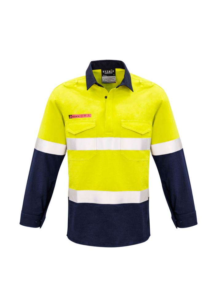 Men's Yellow/Navy FR shirt with closed front, mesh for breathability, dual chest pockets, and HRC 1 protection for safety.